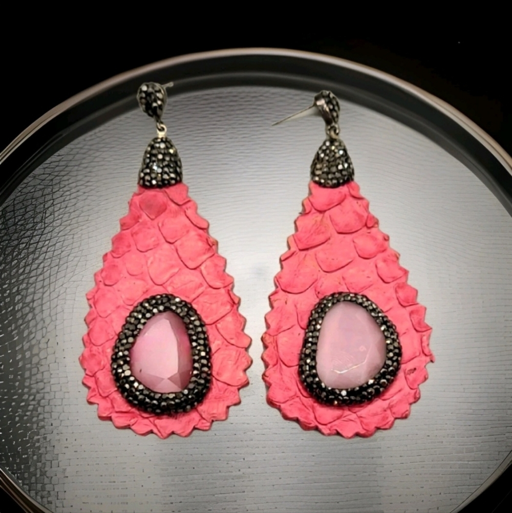 Artisan Hot Pink Leather Scaled Design Hematite Stone Exaggerated Earrings